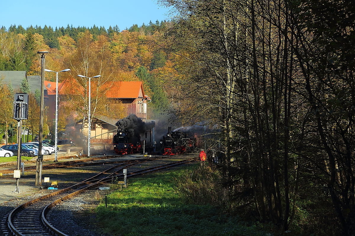 99 6001 und 99 5906 mit ihren beiden IG-HSB-Sonder-PmG`s am 19.10.2014 unmittelbar vor einer Doppelausfahrt im Bahnhof Alexisbad.