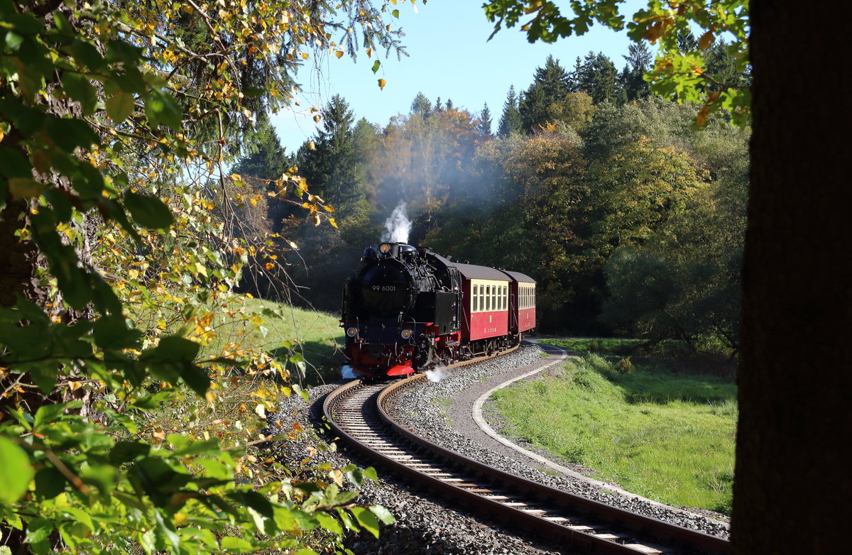 99 6001 hat mit dem P8963 (Quedlinburg - Alexisbad) gerade den Haltepunkt Sternhaus Haferfeld durchfahren und nimmt nun die letzte Steigung zum Ramberg in Angriff.

Sternhaus Haferfeld, 14. Oktober 2017