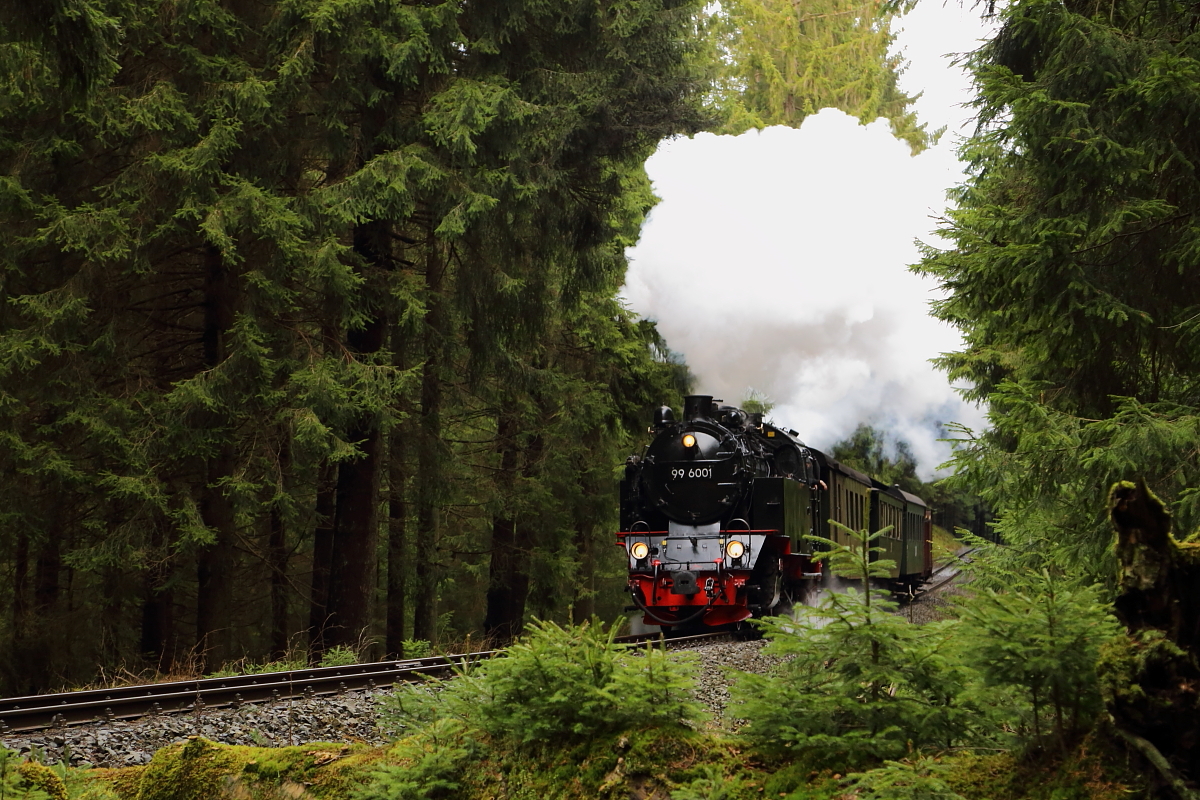 99 6001 mit IG HSB-Sonderzug am 07.02.2016 bei einer Scheinanfahrt zwischen Elend und Sorge.(Bild 1) Diese wurde, zur Freude der Fotofans, zusätzlich ins Programm aufgenommen.