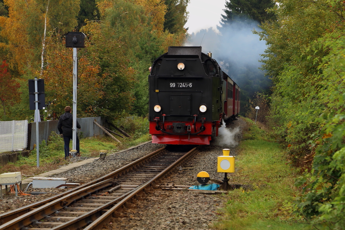 99 7245 mit P 8920 (Nordhausen Nord-Brocken) am 18.10.2015 kurz vor Einfahrt in den Bahnhof Benneckenstein. (Bild 1) Interessant fand ich hier auch die Methode der  Zaunbefestigung  im linken Bildbereich! ;-)