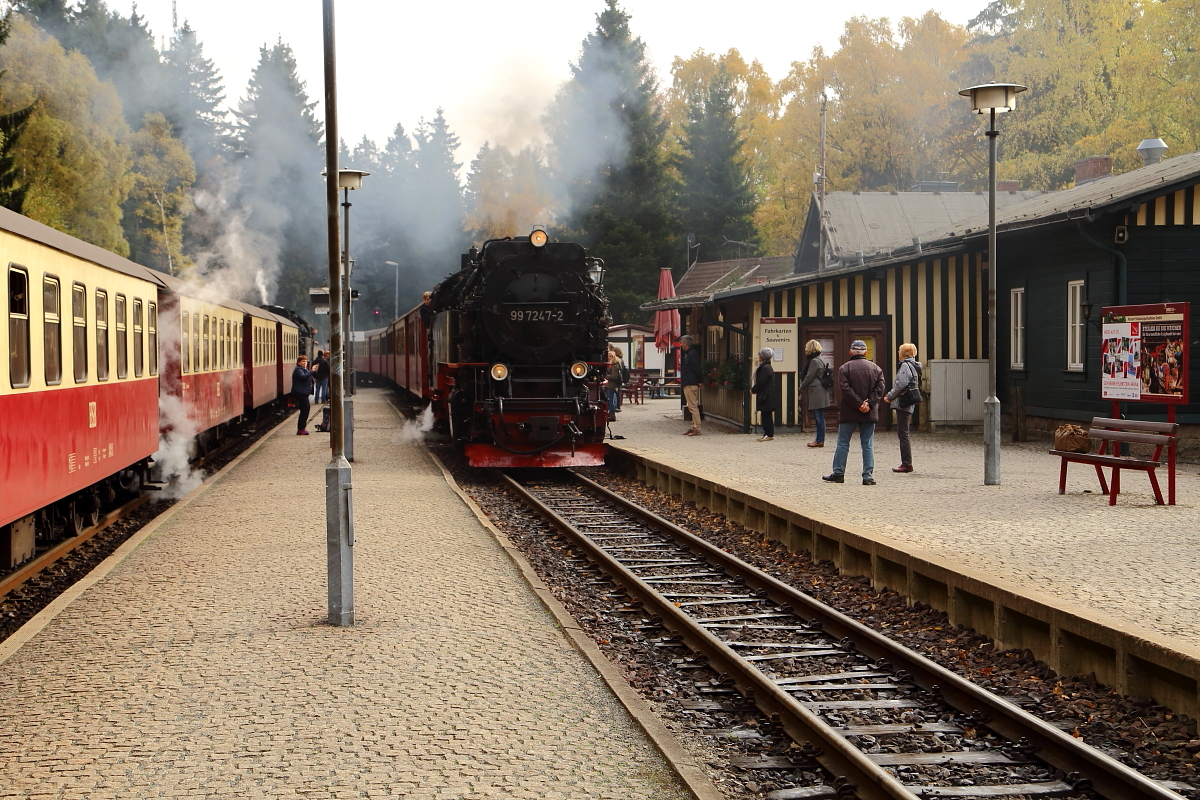 99 7247 mit P8941 aus Drei Annen Hohne am Mittag des 19.10.2018 bei der Einfahrt in den Bahnhof Schierke. (Bild 2)