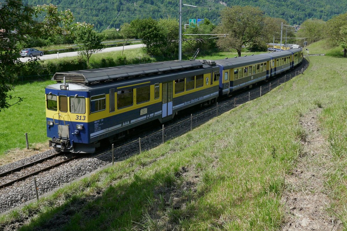 ABeh 4/4 II 313  Lauterbrunnen  mit dem Regio nach Lauterbrunnen und Grindelwald am 25.5.17 hinter dem Flugplatz Interlaken.