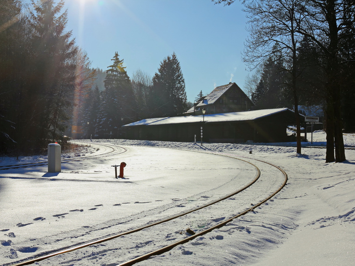 Alexisbad am 22. Januar 2017, Aus- bzw. Einfahrgleise von Alexisbad nach Harzgerode und Hasselfelde bei Sonnenschein und Schnee.