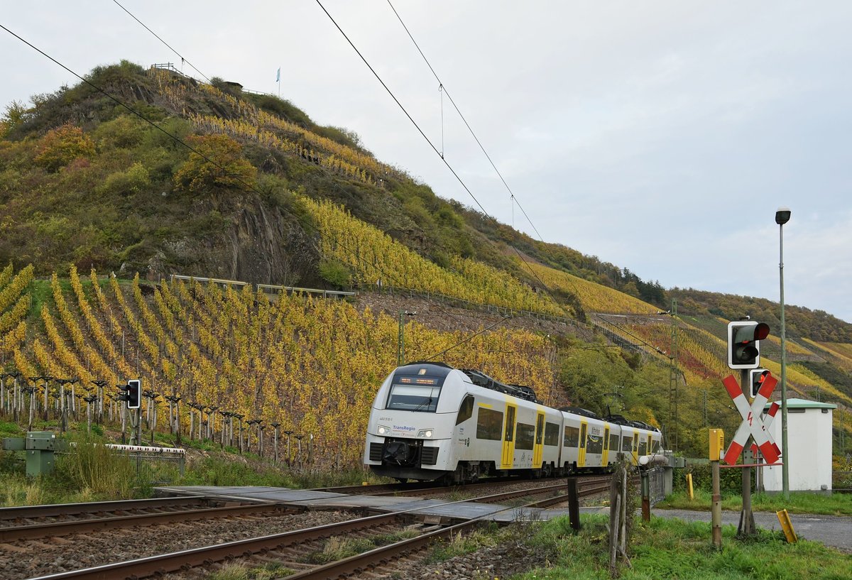 Alpha Trains Europa 460 010/510, vermietet an Transregio, befindet sich als RB 26 (25427)  Mittelrheinbahn  Roisdorf - Mainz Hbf am 31.10.17 am Bopparder Hamm zwischen Boppard und Spay kurz vor dem nchsten Halt in Boppard Hbf.