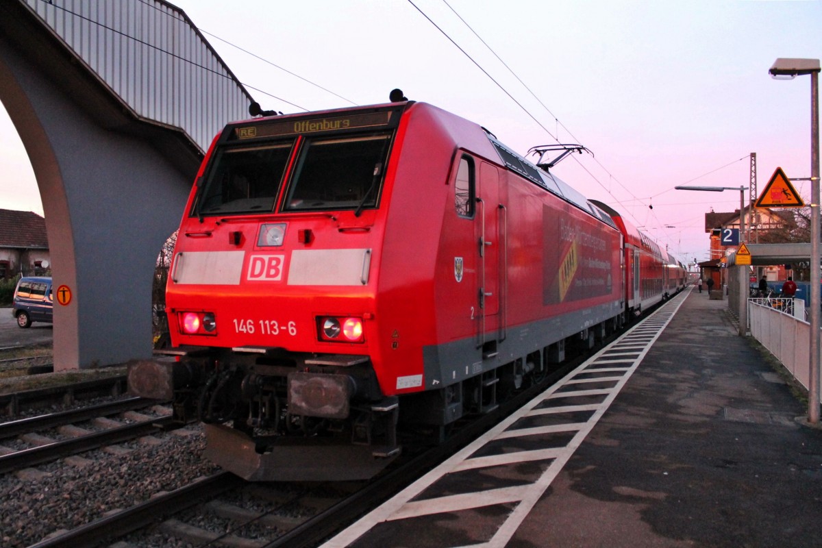 Am 02.02.2014 stand die Freiburger 146 113-6  Baden-Württemberg erfahren  mit dem RE 26514 (Basel Bad Bf - Offenburg) mit falschem Bügel in Orschweier.