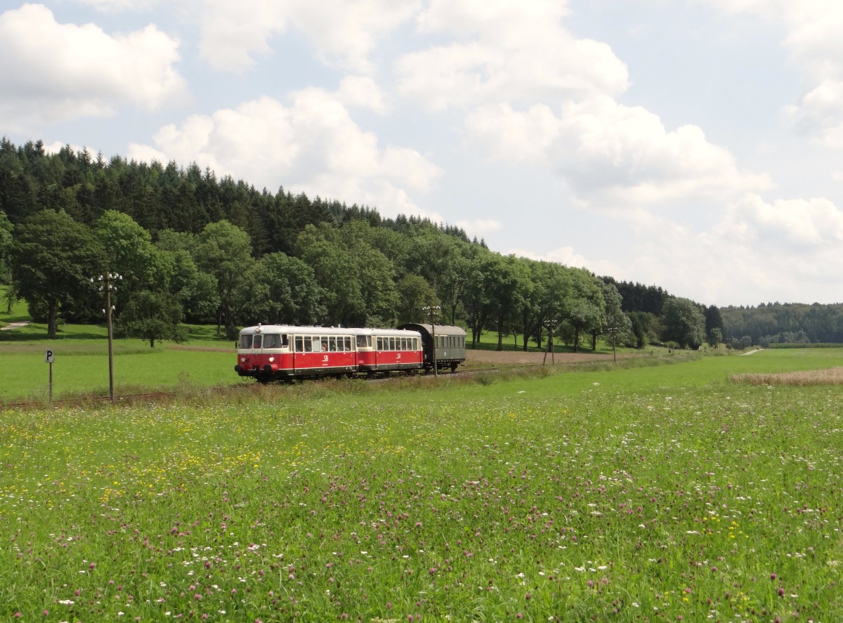 Am 06.08.14 fuhren VS 14 und VT 8 der SAB als SAB-Sommerferien-Express (Münsingen-Schelklingen) Hier bei der Einfahrt Münsingen.