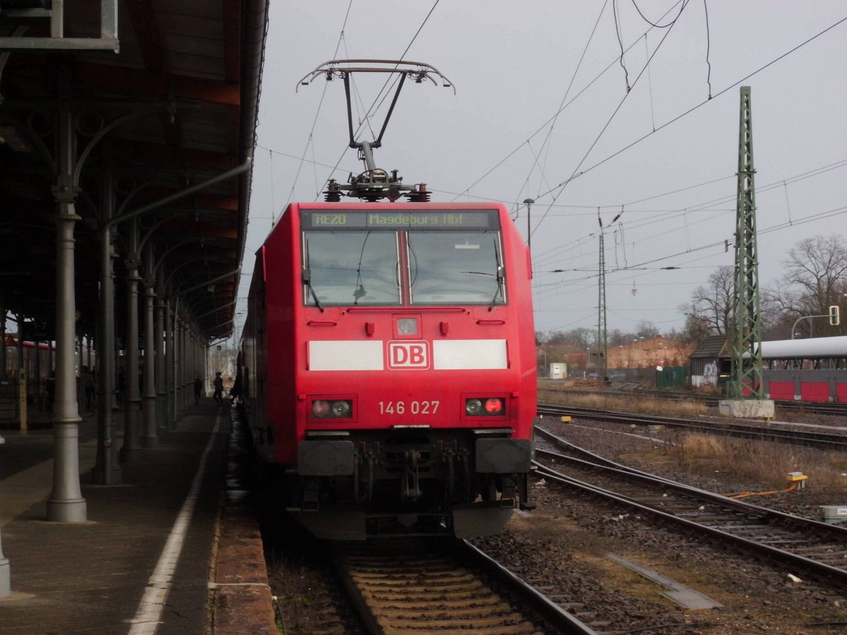 Am 07.03.2016 war 146 027 mit ihrem RE 20 aus Uelzen (heute nur aus Brunau Packebusch)nach Magdeburg unterwegs.