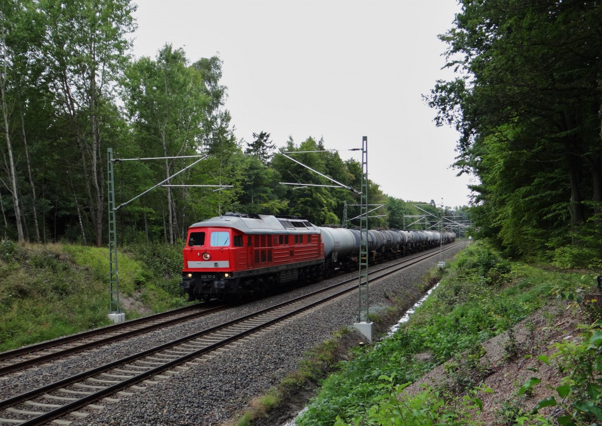 Am 10.09.13 fuhr die altbelftete 232 117 mit einem Dngemittelzug nach Oelsnitz/V. Hier zusehen in Jssnitz/V.