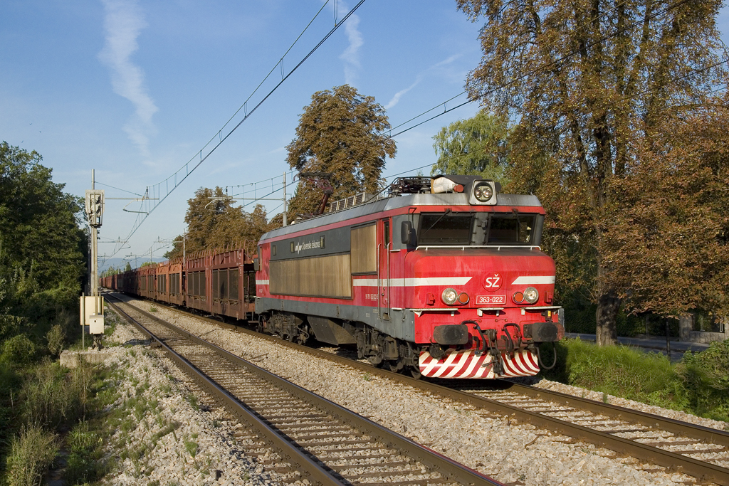 Am 16. August 2017 ist SŽ 363 022 mit einem leeren Autozug zwischen Brezovica und Ljubljana Tivoli unterwegs. 