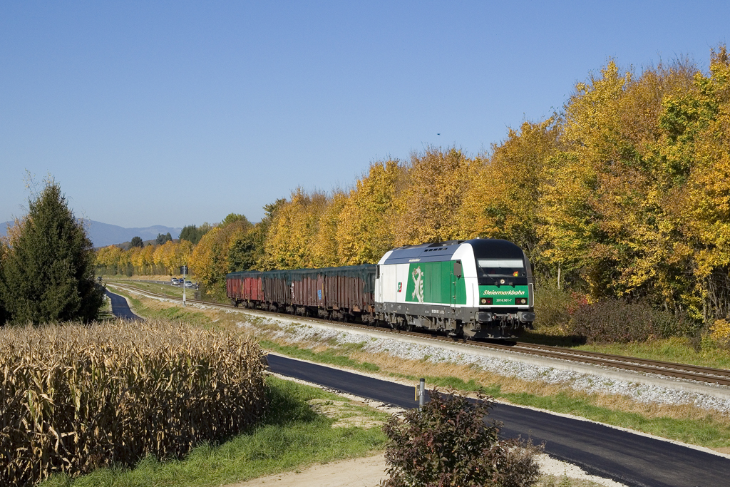 Am 16. Oktober 2017 ist 2016 901 mit dem nachmittäglichen Güterzug von Weiz nach Gleisdorf unterwegs, hier zu sehen bei Albersdorf. 