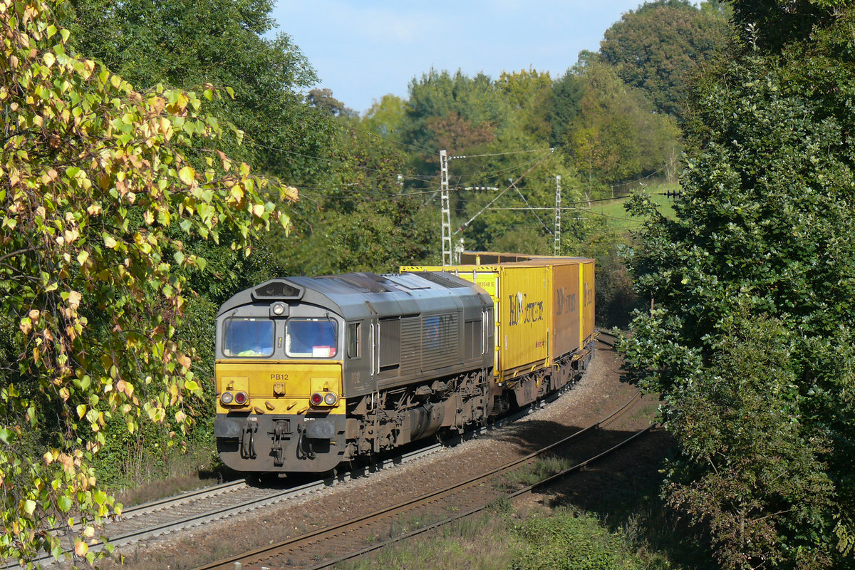 Am 18/10/2009 kämpfte sich die PB12 (266 017-3) von DLC mit einem Containerzug die Steigung zum Gemmenicher Tunnel hoch, hier aufgenommen in der letzten Kurve bei Reinartzkehl.