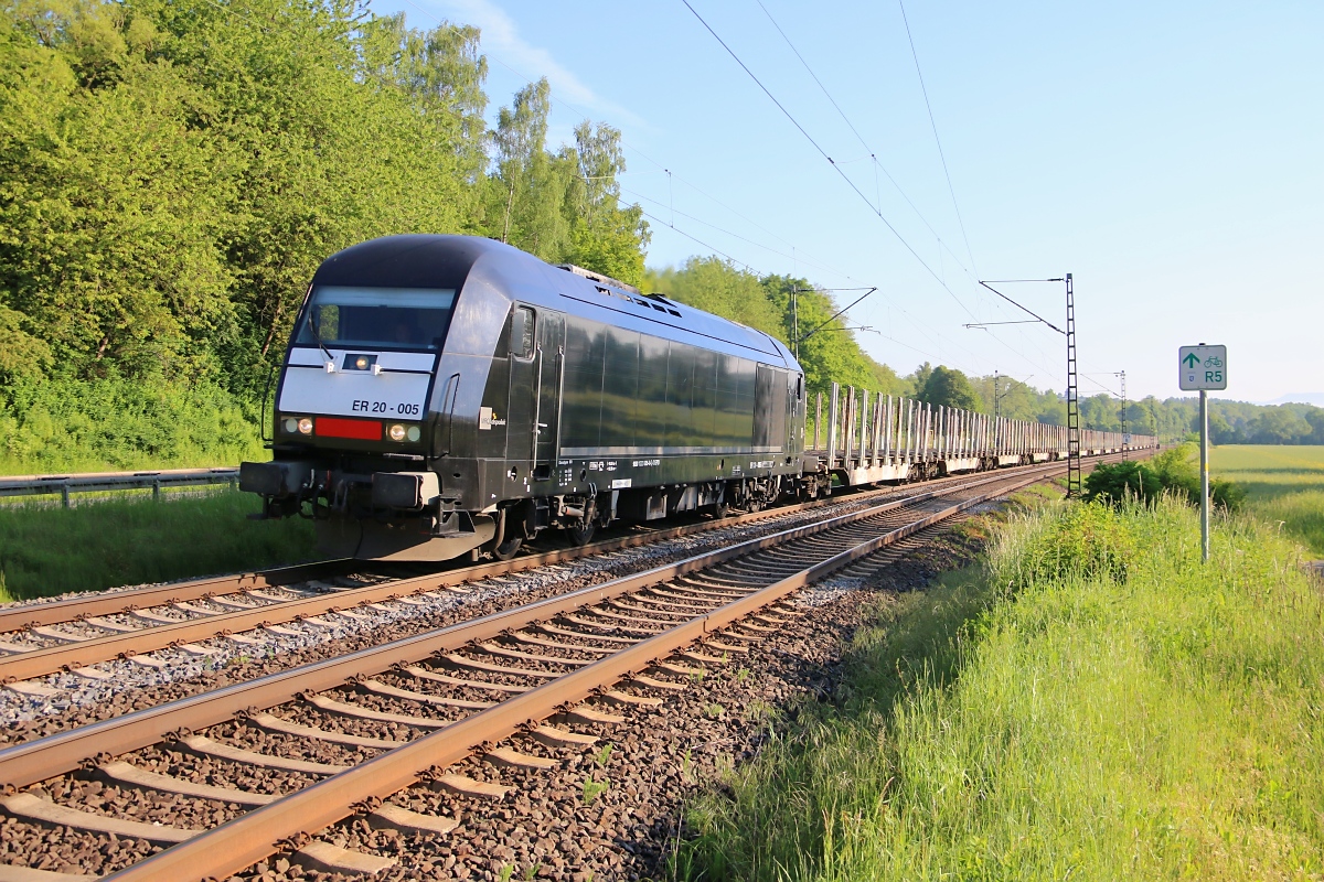 Am 20.05.2014 kam ER 20-005 (223 005-0) mit einem leeren Holzzug über die KBS 613 in Richtung Süden. Aufgenommen zwischen Sontra und Wehretal-Reichensachsen bei Oetmannshausen.