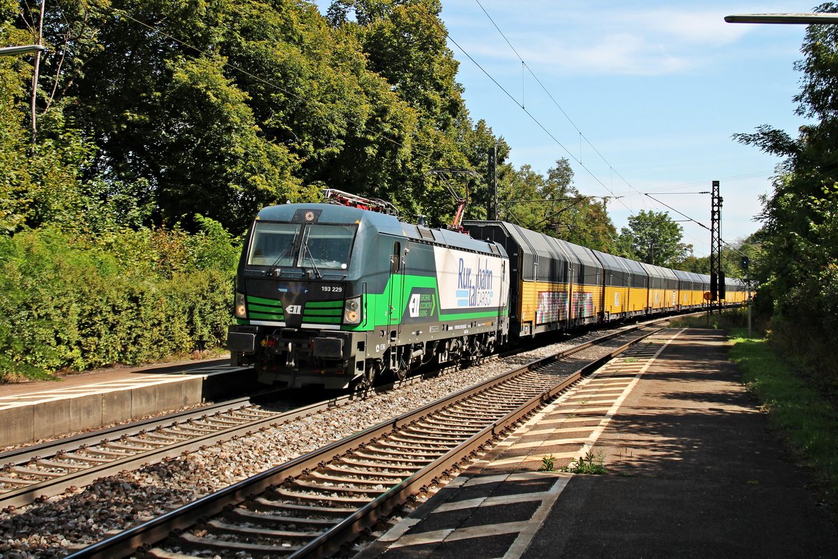 Am 27.08.2015 bespannte ELL/Rurtalbahn Cargo 193 229 einen  ARS Altman -Autozug (Hegyeshalom - Bremerhaven), als sie durch den Hp Etterzhausen gen Nürnberg fuhr.
