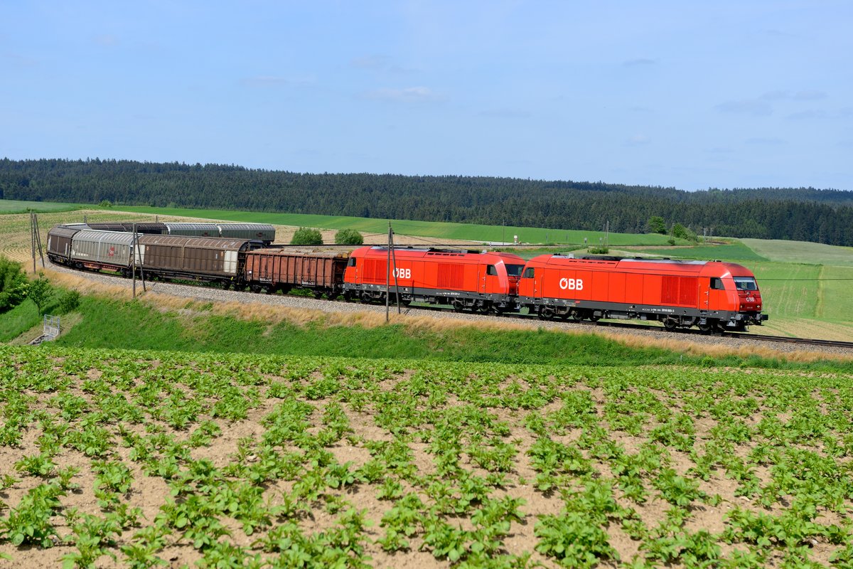 Am 28. Mai 2015 brachte das Tandem 2016.003 + 021 den VG 73146 von Schwarzenau nach Waldhausen. Bei Gerotten konnte der Zug auf den Speicherchip gebannt werden. Im Vordergrund ein für das Waldviertel typisches Erdäpfelfeld.
