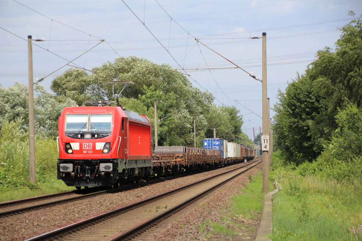 Am 2.8.17 fuhr 187 123 einen gemischten Güterzug von Hamburg Waltershof in Richtung Hamburg Harburg durch Hamburg Moorburg.