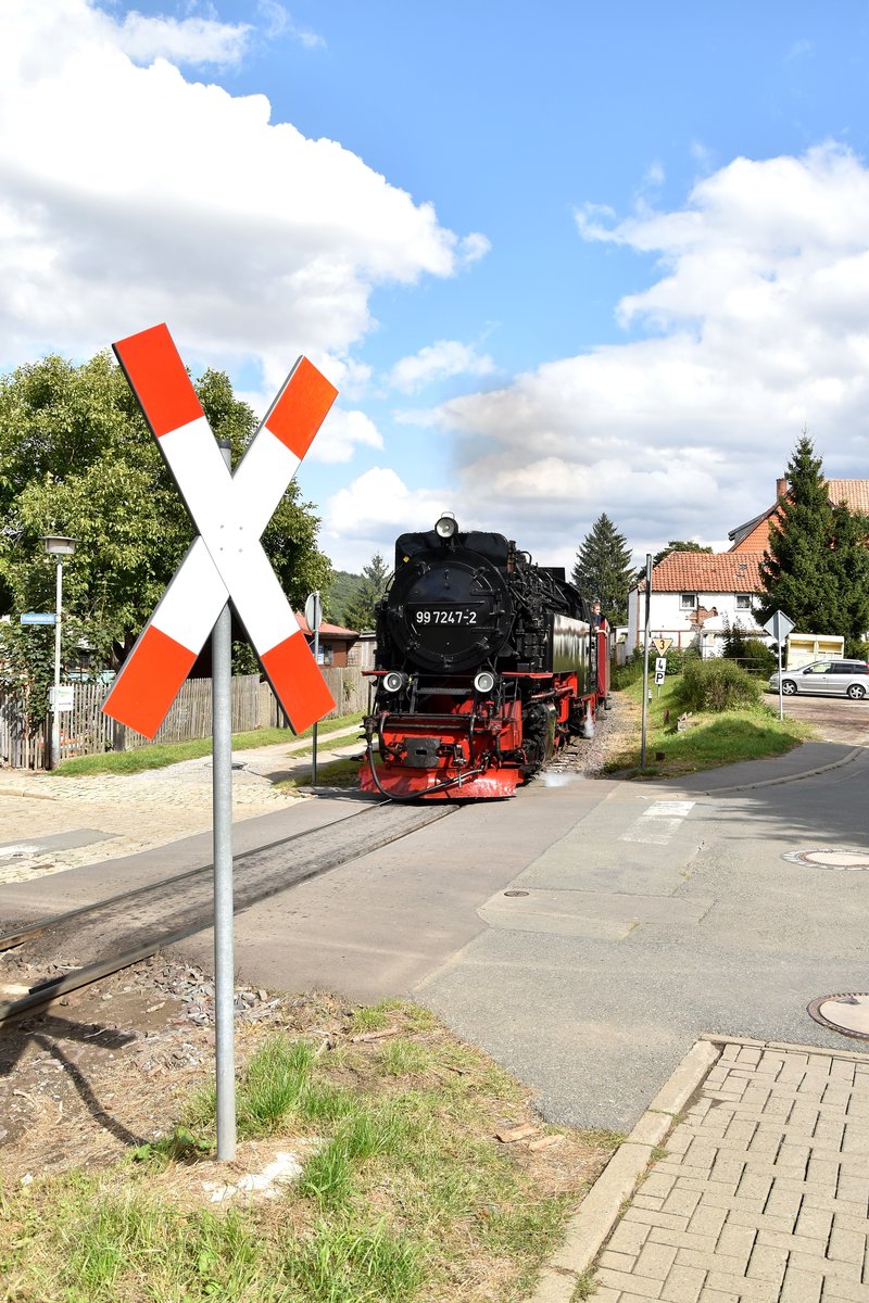 Am Bahnübergang Frankenfeldstraße kommt mir in Hasserode die 99 7647-2 vor die Kamera auf ihrem Weg nach Drei Annen Hohne. 16.9.2017