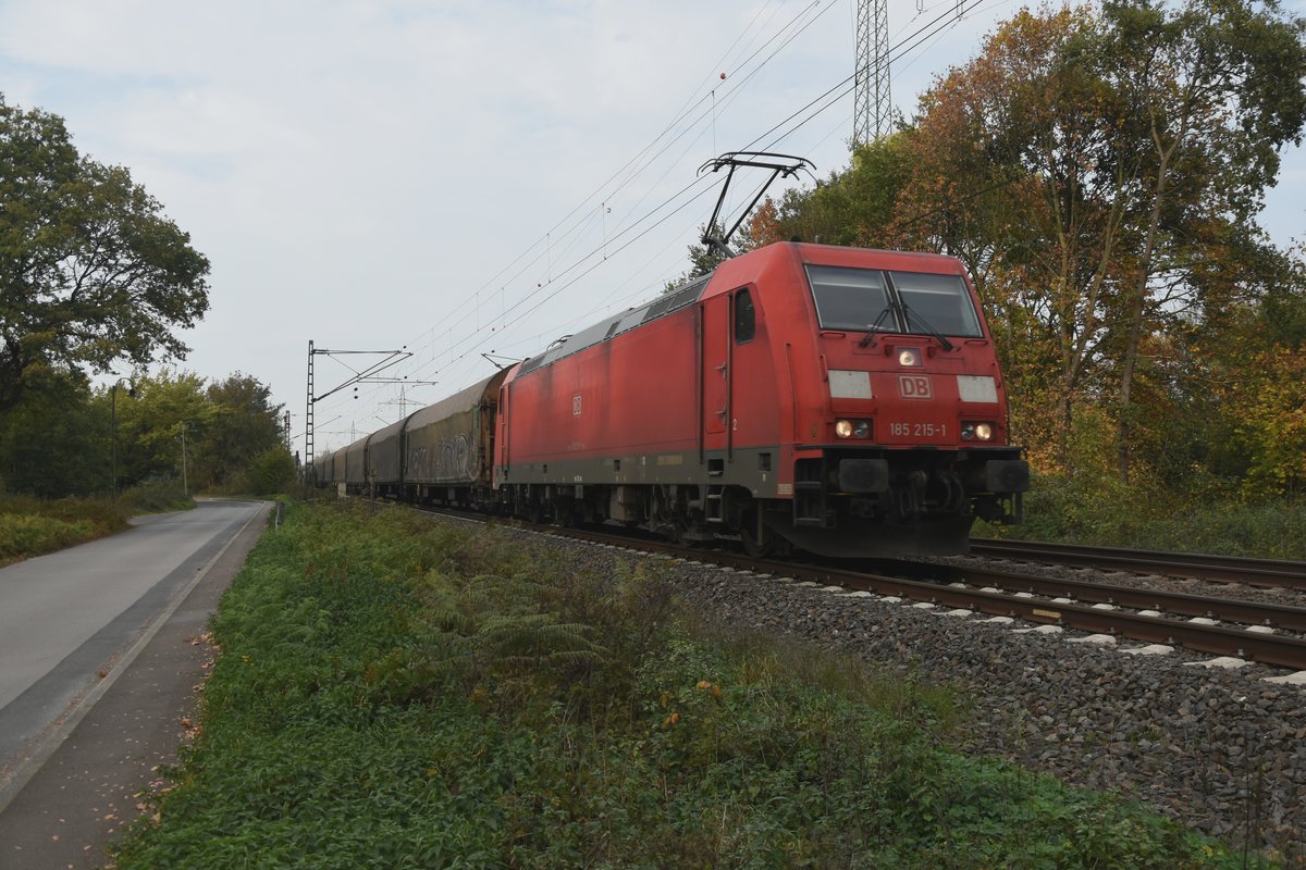 Am Freitagnachmittag kommt die 185 215-1 mit einem Planwagenzug in Lintorf vor meine Linse. 19.10.2018