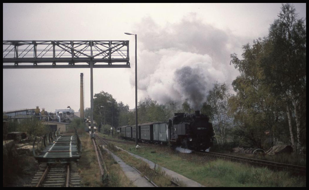 Am Sägewerk von Olbersdorf dampft hier 99730 am 7.10.1992 mit dem Zug 8022 nach Jonsdorf.