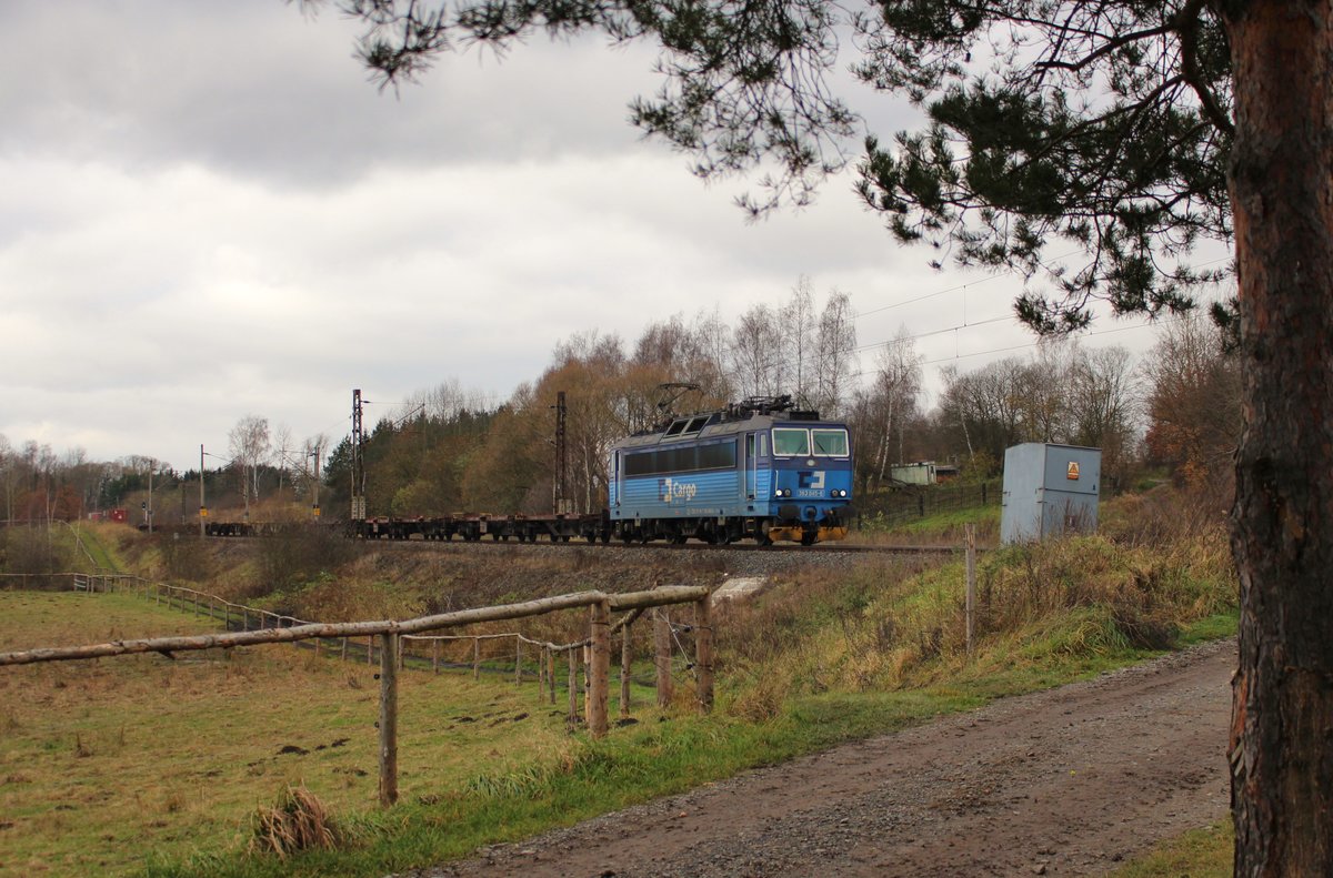 An diesem Wochenende ist das Elbtal wieder gesperrt. Deshalb fahren die Züge wieder die Umleitung über Cheb/Cz und das Vogtland.
Hier ist 363 045-6 mit einem Containerzug am 18.11.17 in Chotikov zu sehen. Leider war der Zug hinter der Lok leer!