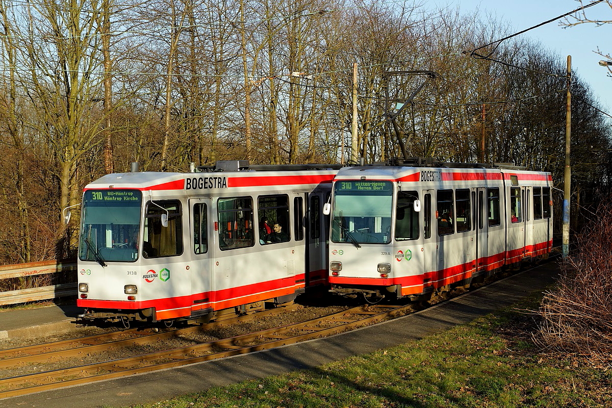 An der Haltestelle Am Honnengraben treffen sich am 11.03.2015 die Tw 313 und 329