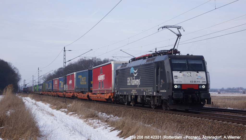 Auch 189 208 für ERS mit dem 42331 von Rotterdam nach Poznan rauschte auf leisen Sohlen durch Ahrensdorf am 01.02.14.