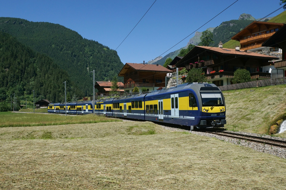 Auch auf dem Ast nach Grindelwald verkehrte am 18.06.2017 ein ABDeh 8/8-Doppel. Auf dem Bild zu sehen ist der Zug mit dem ABDeh 8/8 323 an der Spitze bei Schwendi.