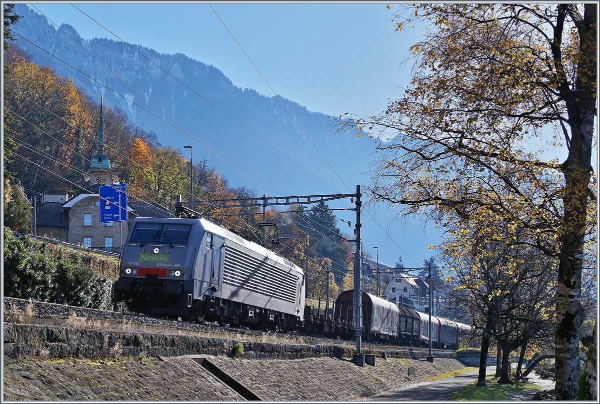 Auch der Novelis Zug im Gegenlicht war mir ein Bild wert: die 189 990-5 (UIC 91 80 6189 990-5 D-Dispo Class 189-VE)  Göttingen  unterwegs für SBB Cargo International von Sierre nach Göttingen kurz nach Villenneuve. 
20. Nov. 2017