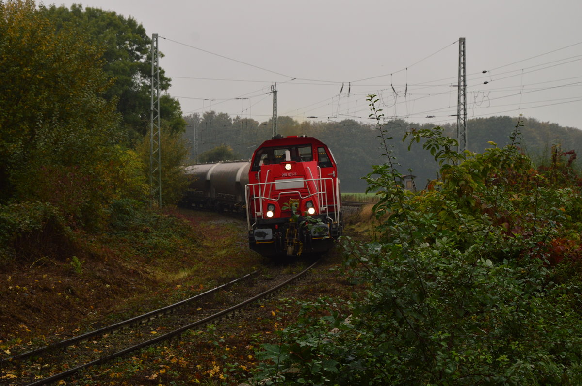 Auf dem Gleis von Rommerskirchen nach Oberaußem fährt hier die 265 031-3 einen Güterzug in Richtung Kraftwerk. 23.10.2016
