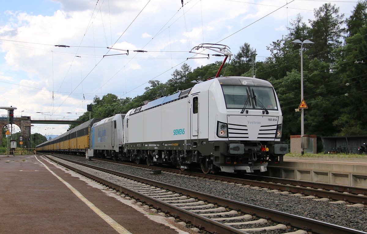 Aus aktuellem Anlass: Der erste Einsatz der 193 814-1 erfolgte am 24.07.2014 als Vorspann-Lok vor 185 690-5 und einem ARS-Autotransportzug in Fahrtrichtung Norden. Aufgenommen in Eichenberg.