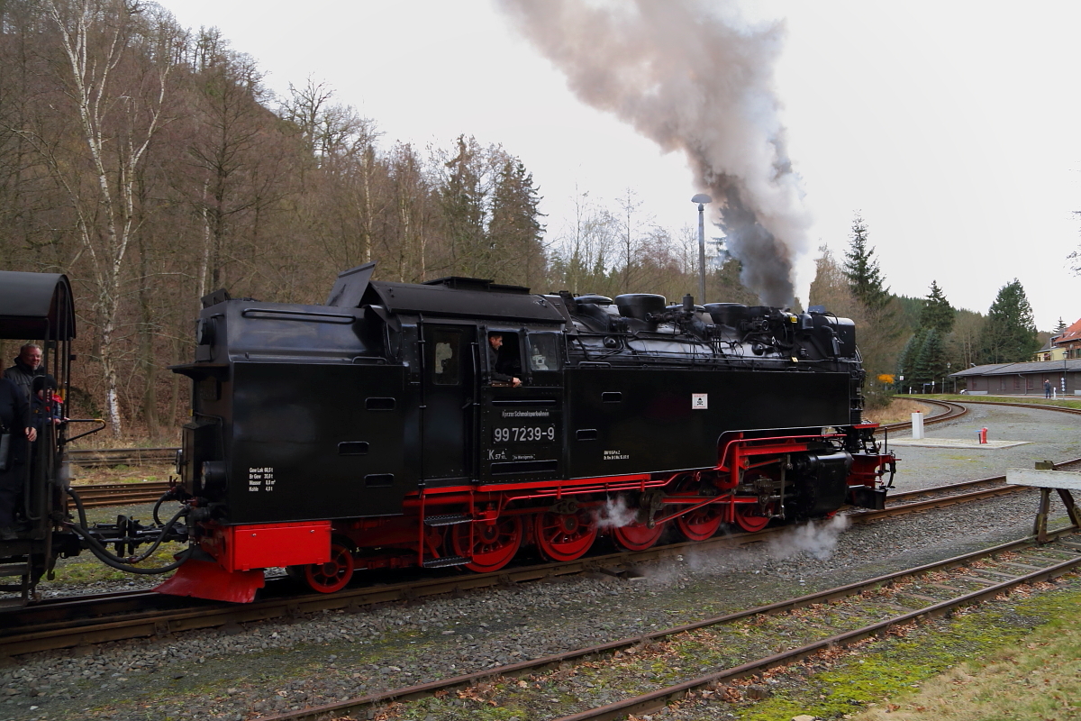 Ausfahrt von 99 7239 mit P8965 (Gernrode-Hasselfelde) am 07.02.2016 aus dem Bahnhof Alexisbad. (Bild 6)