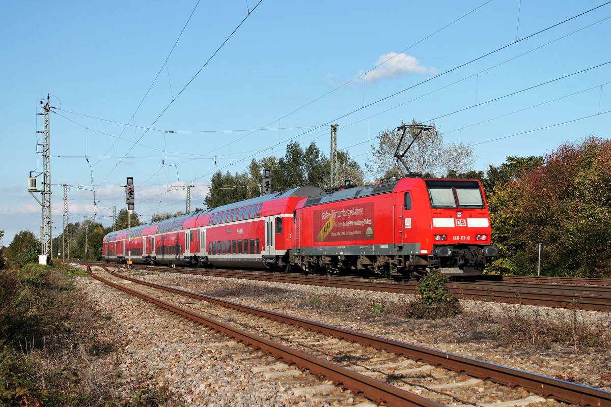 Ausfahrt am 27.09.2014 von 146 111-0  Baden Württemberg erfahren  mit einem RE (Schliengen - Offenburg) aus Orschweier gen Lahr (Schwarzw).