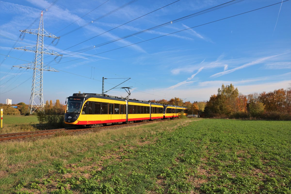 AVG (Albtal-Verkehrs-Gesellschaft) Bombardier ET2010 Wagen 931+941 am 03.11.18 in der Nähe von Sulzbach auf der Strecke Frankfurt Höchst-Bad Soden. Durch Planungen zur RTW Regionaltangente West wurden zum zweitem mal Testfahrten mit AVG Stadtbahnwagen aus Karlsruhe vorgenommen