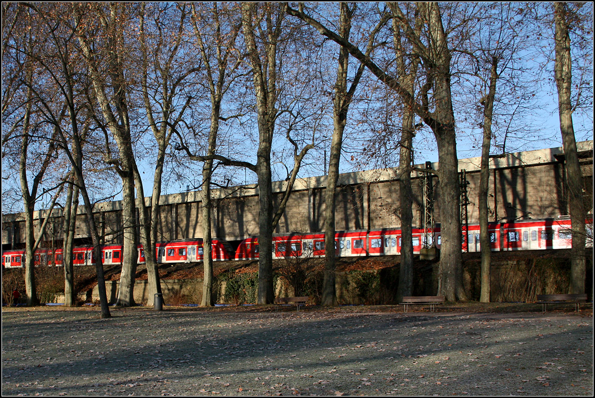 Bäume und ihre Schatten -

und dazwischen ein S-Bahnzug. Die Schatten der Bäume entlang der Felix-Mendelssohn-Bartholdy-Allee im unteren Schlossgarten von Stuttgart fallen auf den Zug und die hinter der Bahnlinie liegende Betonwand.

31.12.2016 (M)