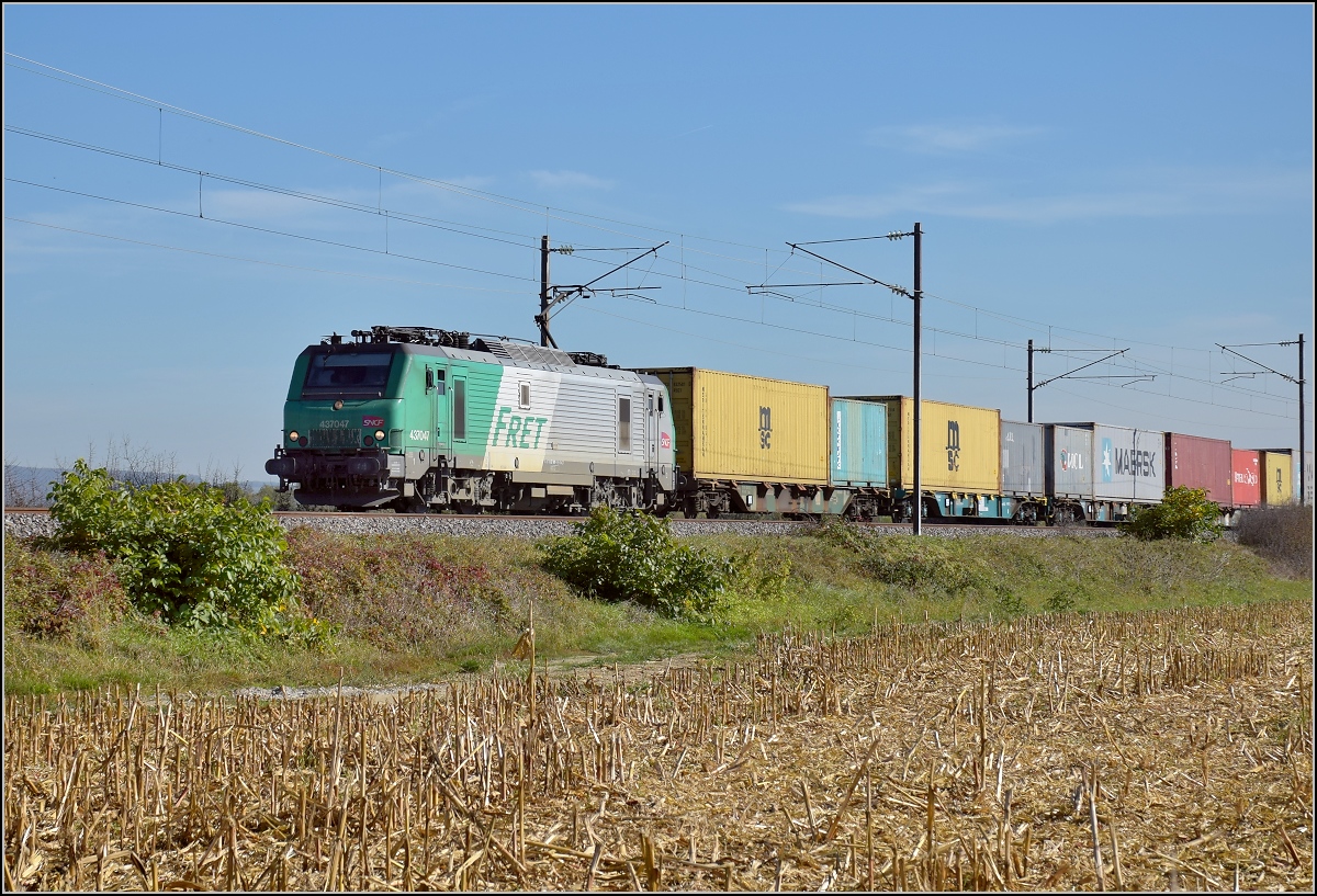 Bahn im südlichen Elsass. 37047 zieht einen Containerzug von Basel Richtung Norden. Bartenheim, Oktober 2017.
