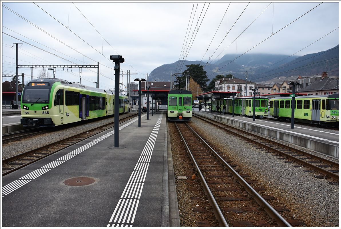 Bahnhof Aigle mit Zügen nach Monthey-Ville, Les Diablerets und Leysin, jetzt alle in einheitlichem TPC-Grün. (28.11.2016)