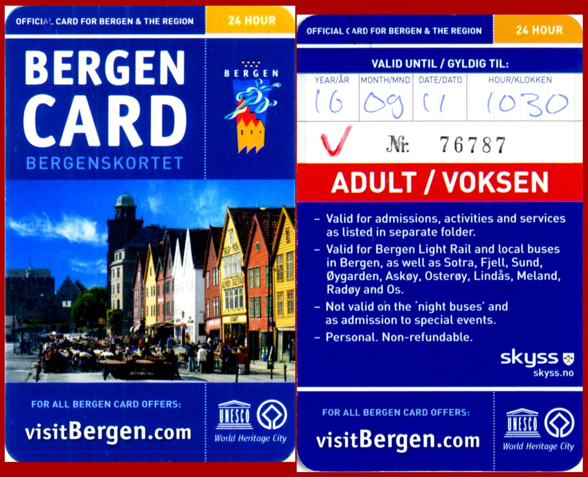 BERGEN (Provinz Hordaland), 10.09.2016, mit der BergenCard kann man u.a. die Stadtbahn und die Busse frei nutzen und erhält auf die Hin- und Rückfahrt mit der Standseilbahn auf den Fløyen 50 % Rabatt; Kosten: 192 NOK (ca. 18 EUR)/Erwachsener/24h