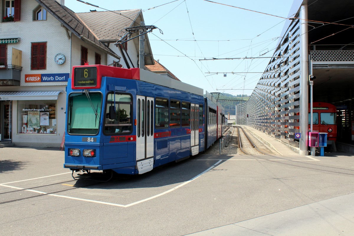 Bern Bernmobil / RBS Tram 6 (SWP/SIG/ABB/Stadler Be 4/10 84) Worb Dorf am 7. Juli 2015.