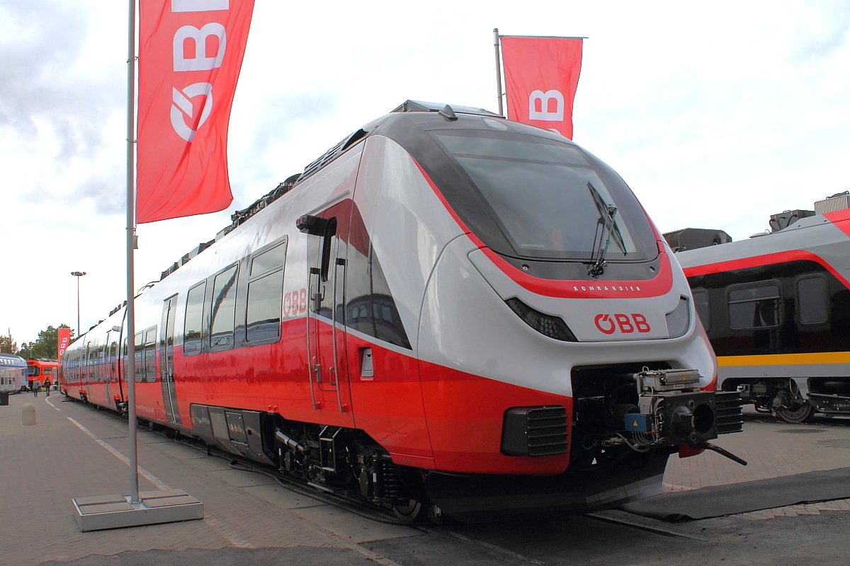 Bombardier präsentiert auf der InnoTrans am 22.09.2018 in Berlin den ÖBB-Cityjet.
Es handelt sich um sechsteilige Elektrotriebfahrzeuge mit einer Länge von 104,5 Metern mit rund 300 Sitzplätzen und bis zu 53 Fahrradstellplätzen.
