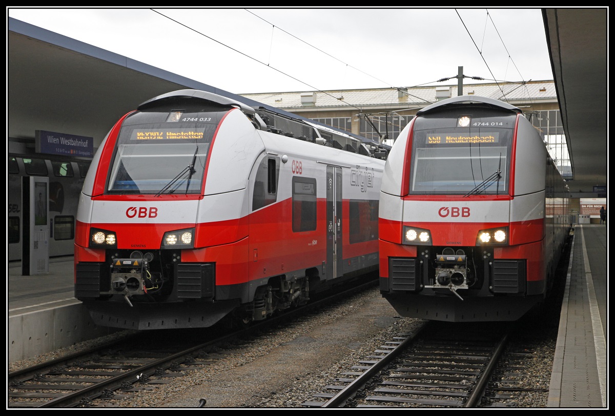 Cityjet 4744 033 und 4744 014 stehen am 14.03.2018 nebeneinander in Wien West.