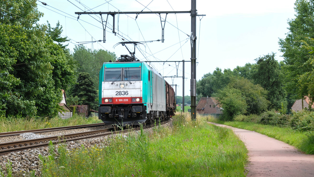 Cobra-Lok 2836 (186 228) durchfährt mit ihrem Güterzug die Ortschaft Hoeselt in Richtung Hasselt. Aufgenommen am 07/07/2016.