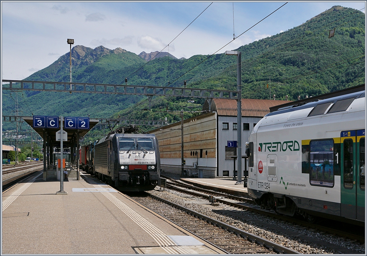 Da bereits zwei Güterzüge in Nord - Süd Richtung nach Luino gefahren sind, erwartet ich in Cadenazzo vor der Abfahrt der S 30 nach Malpensa einen Gegenzug von Luino und wurde dann von diesem weiteren, nach Süden fahrenden Transitgüterzug überrascht, obwohl ich an Ausfahrsiganl hätte erkenne müssen, dass  da was  kommmt . 
20. Mai 2017