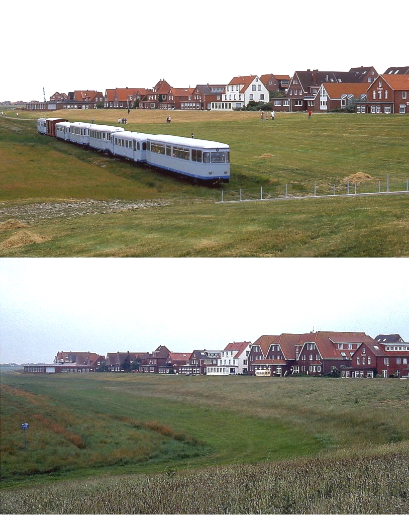 Da fehlt doch was... Dort, wo im Mai 1981 noch die Juister Inselbahn unterwegs war, wächst im Juni 2008 nur noch Gras. An der Spitze des Zuges T4 (Talbot 1955/97520, ex VT2 Kreis Altenaer Eisenbahn).