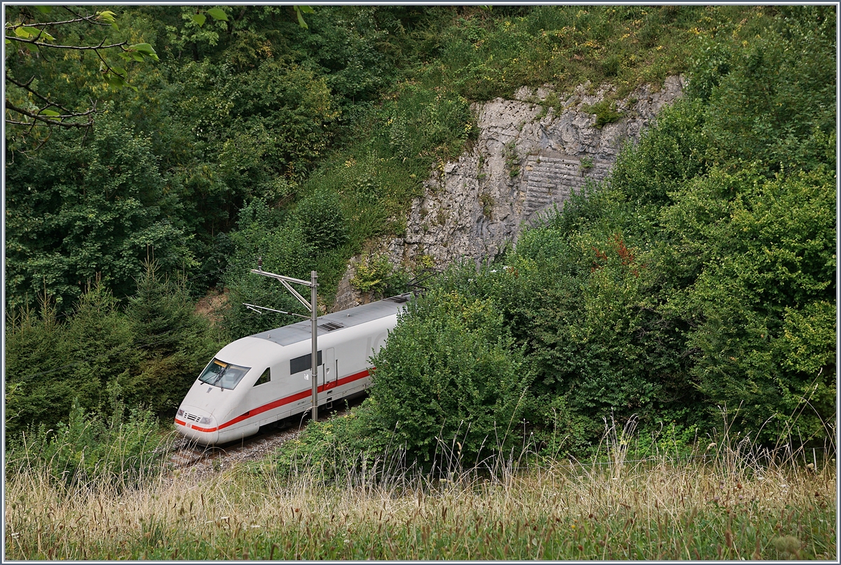 Da herrlich in die Natur eingewoben, zeigt sich auf der Alten Hauenstein Linie der ICE Triebkompf 401 589-7 bei Kilometer 29.302 nur teilweise.
7. August 2018