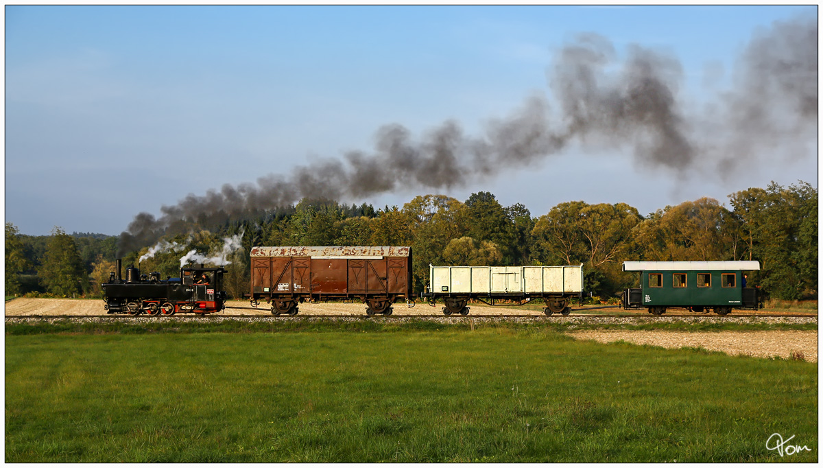 Dampflok 298.56 fährt auf der Stainzerbahn, mit einem aufgeschemelten Güterzug von Kraubath nach Stainz. Kraubath 25.09.2013
