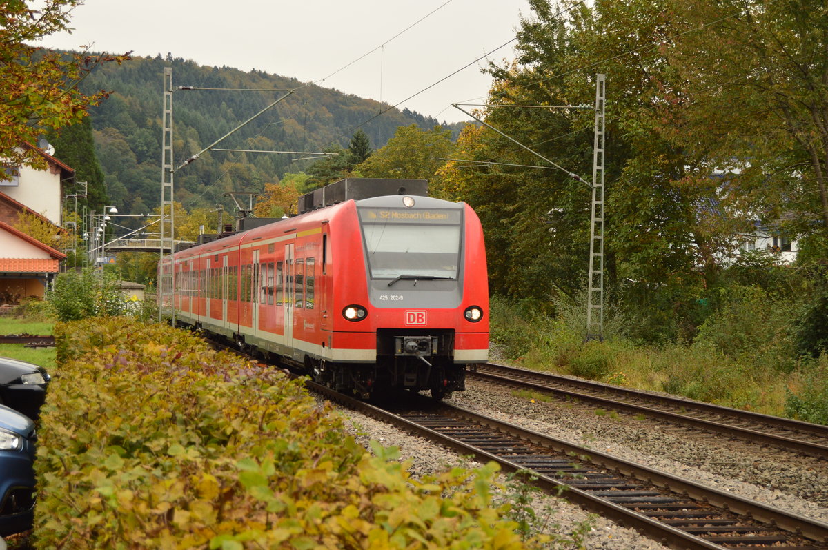 Dann kam 425 202 als S2 nach Mosbach wieder auf dem Richtungsgleis nach Mosbach um 15:11 Uhr pünktlich an und ist hier bei der Ausfahrt nach Binau von mir festgehalten worden. 14.10.2016