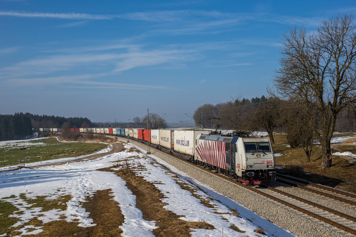 Das Teufelszebra - 185 666 - von Lokomotion fährt mit einem EKOL bei Grabenstätt in Richtung Salzburg, aufgenommen am 11. Februar 2017.