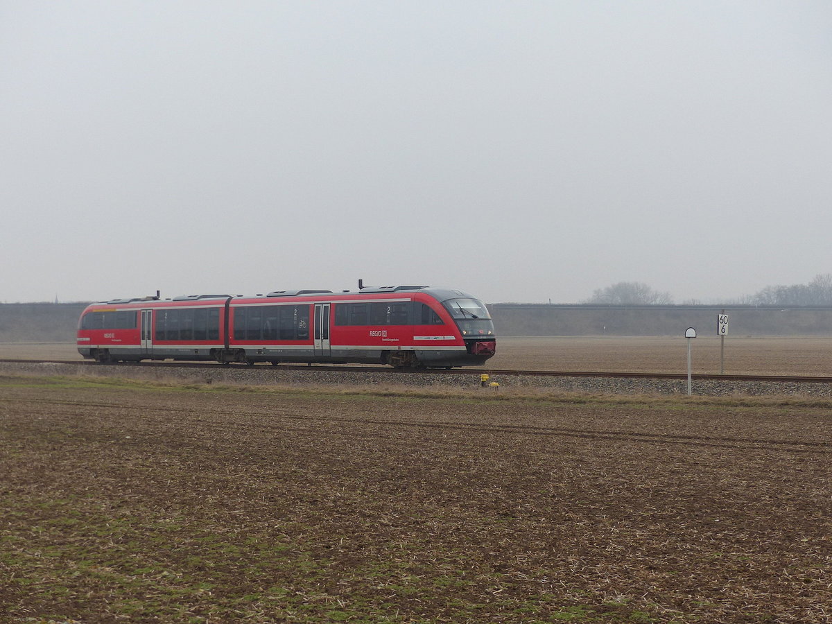 DB 642 020 als RE 16260 von Erfurt Hbf nach Kassel-Wilhelmshöhe, am 11.02.2017 in Kühnhausen.