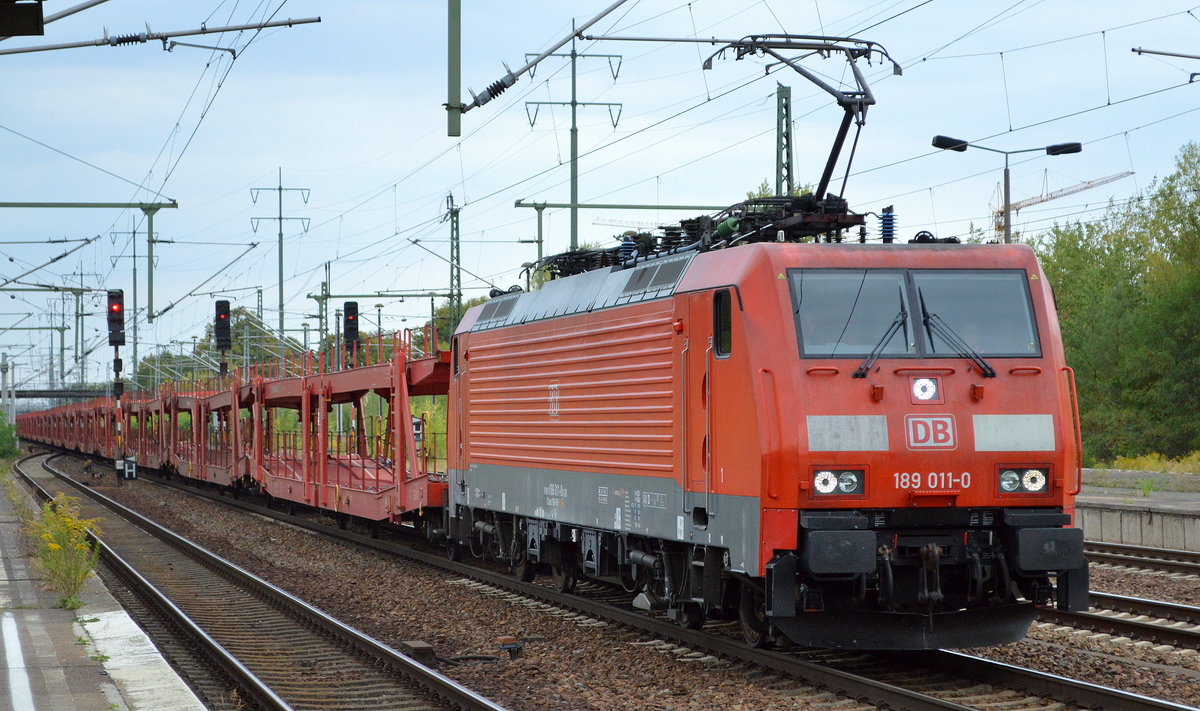 DB Cargo Deutschland AG mit  189 011-0  [NVR-Number: 91 80 6189 011-0 D-DB] und einem leerem PKW-Transportzug Richtung Frankfurt/Oder am 10.09.18 Bf. Flughafen Berlin-Schönefeld.