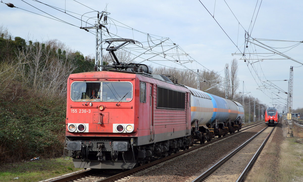 DB Cargo Deutschland AG mit Rpool 155 236-3 [NVR-Nummer: 91 80 6155 236-3 D-Rpool] und einigen Kesselwagen am 07.03.19 Bf. Berlin-Hohenschönhausen.