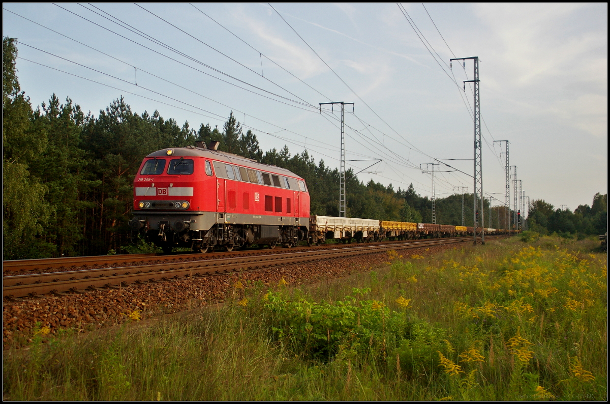 DB Fahrwegdienste 218 249-1 fuhr mit leeren Res-Wagen am Abend des 30.08.2017 durch die Berliner Wuhlheide